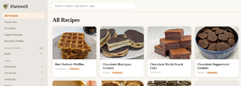 The Platewell web app showing all recipes, with collections and tags in the sidebar