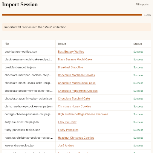 An import session showing 23 recipes imported into the Main collection