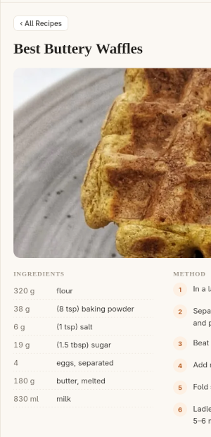 A recipe in Platewell with ingredients and method side by side